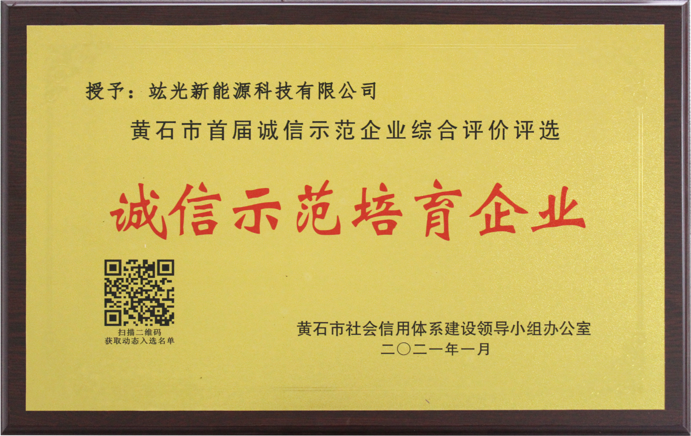 喜讯|恭喜我司荣获黄石市首届“诚信树模培育企业”